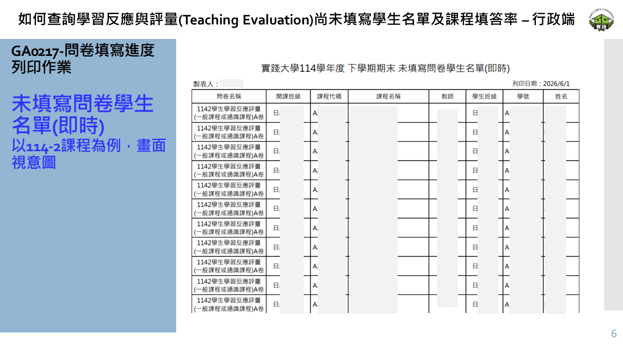 如何查詢學習反應與評量(Teaching Evaluation)尚未填寫學生名單及課程填答率 – 行政端-5