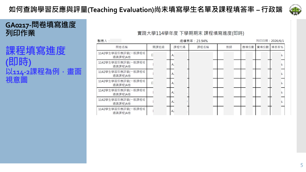 如何查詢學習反應與評量(Teaching Evaluation)尚未填寫學生名單及課程填答率 – 行政端-5
