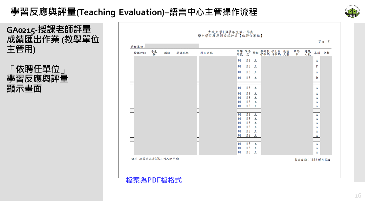 學習反應與評量– 教學單位主管操作流程16 學習反應與評量– 教學單位主管操作流程16