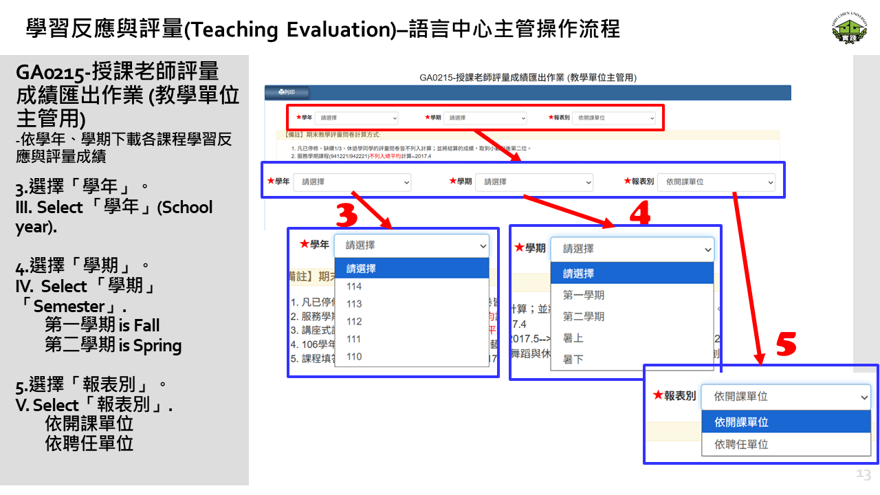 學習反應與評量– 教學單位主管操作流程13 學習反應與評量– 教學單位主管操作流程13